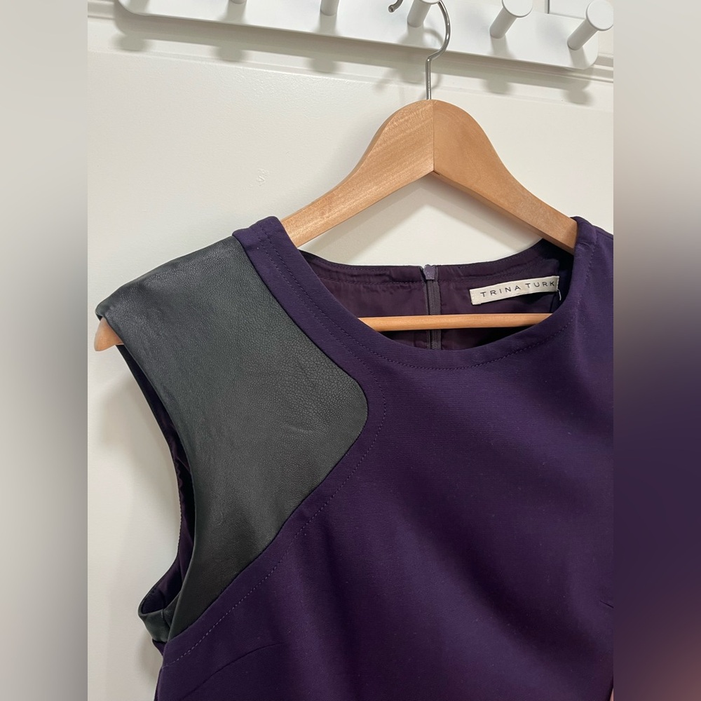 Trina Turk Purple Sheath Dress, Black Leather Shoulder Patch
